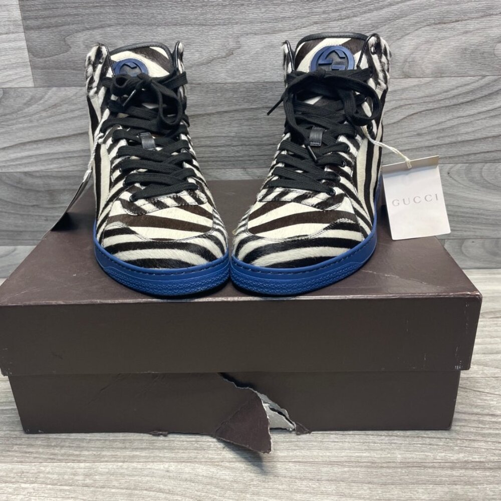 Gucci Men’s Zebra Calf Hair High-Top Sneakers Sz 10.5 – Style 353412 – w/ Box - Picture 10 of 11